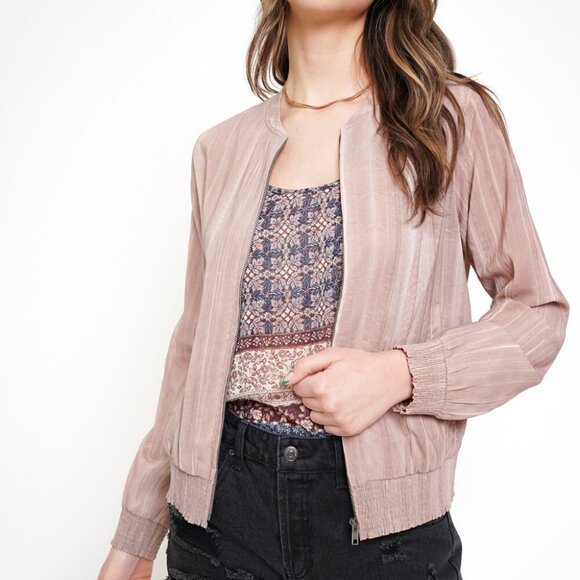 MYSTREE Mauve Pink Bomber Jacket – Lightweight Zip Up Long Sleeve Casual Jacket - Picture 2 of 6